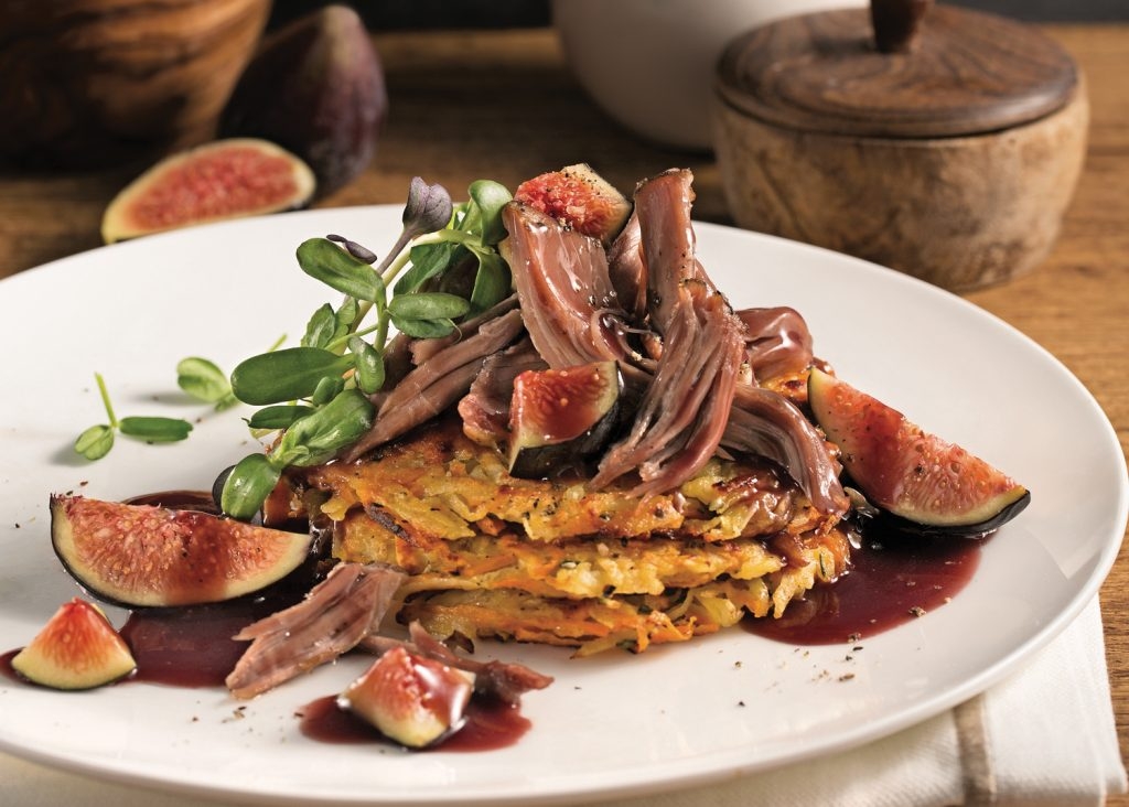 Canard confit sur r&ouml;sti, sauce aux figues